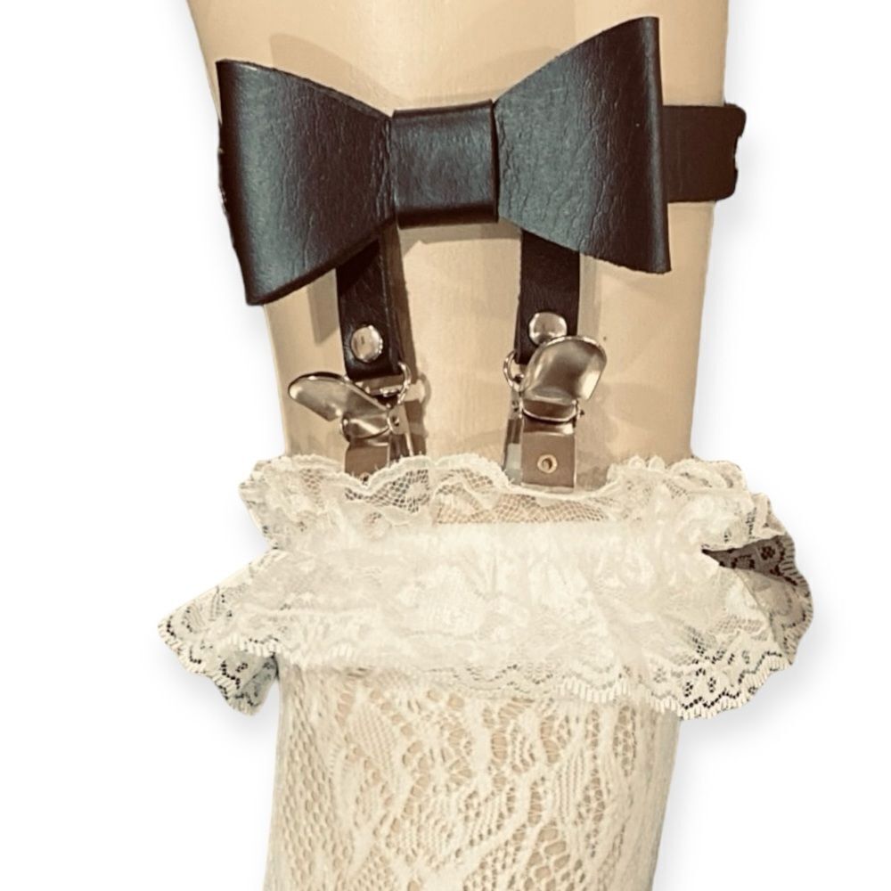 Black Bow Tie Adjustable Leg Harness Dual Clips Garter Belt NWT